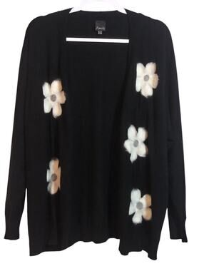 Aaeda Black Open-Front Felt Spun Floral Cardigan Sweater Size 1X